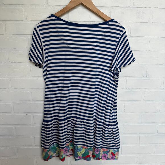 Matilda Jane Women's Navy Blue White Floral Striped Tunic Ruffle Top Shirt sz L - Picture 2 of 6